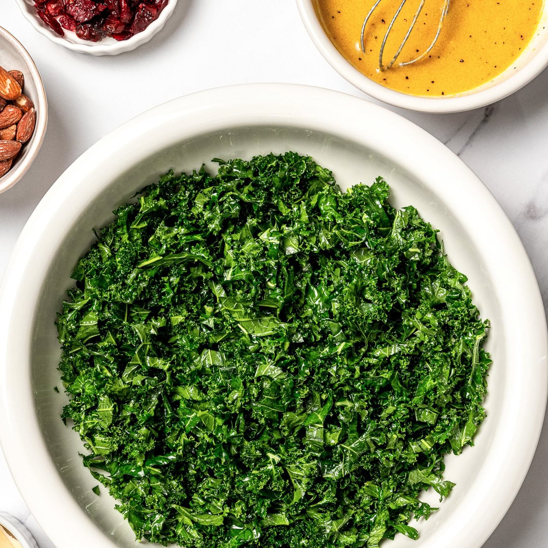 With shredded kale, zippy lemon dressing, dried cranberries, almonds and crispy chickpeas, this easy kale salad recipe is the best ever! Massaged kale in bowl.