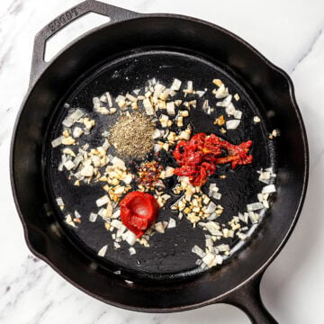 Onions, seasonings, sun-dried tomatoes, and tomato paste in skillet.