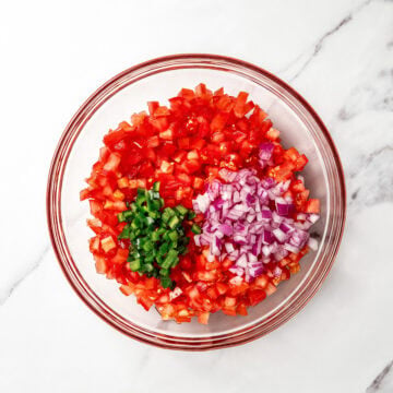 Diced tomato, jalapeno, and red onion in bowl.