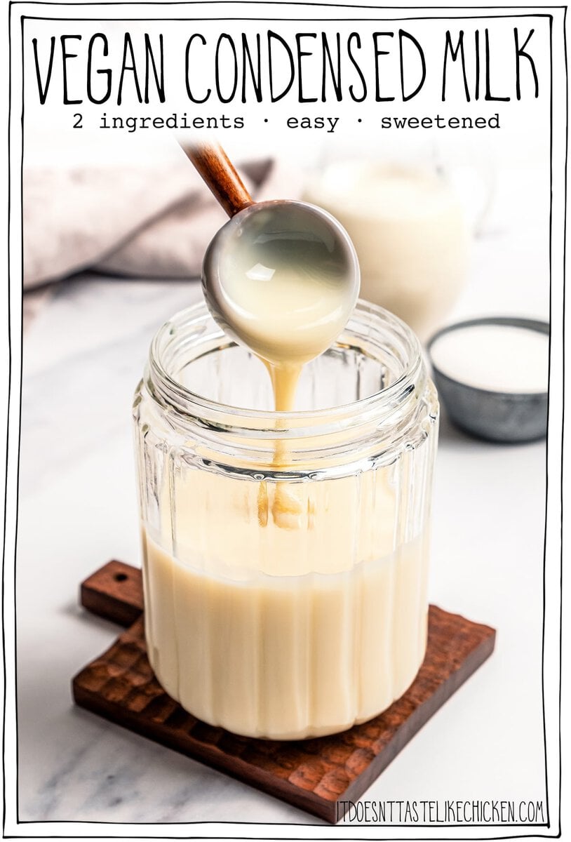 This easy vegan sweetened condensed milk is thick and creamy, perfect for using in dairy-free desserts and drinks. Just 2 ingredients! Spoon drizzling condensed milk into jar with text overlay reading vegan sweetened condensed milk.