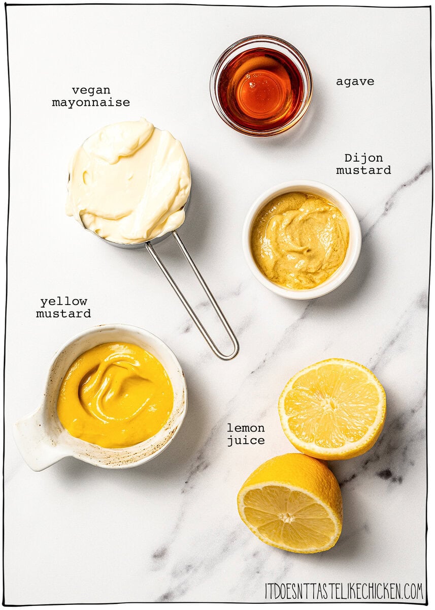 This homemade Vegan Honey Mustard Sauce is creamy, tangy, sweet, and ready in just 5 minutes, perfect for dipping ALL the things! Ingredients for vegan honey mustard sauce.