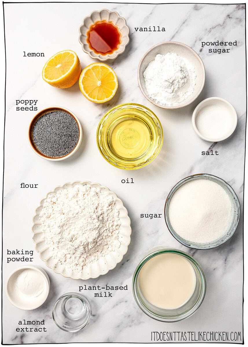 Ingredients for vegan lemon poppy seed muffins.