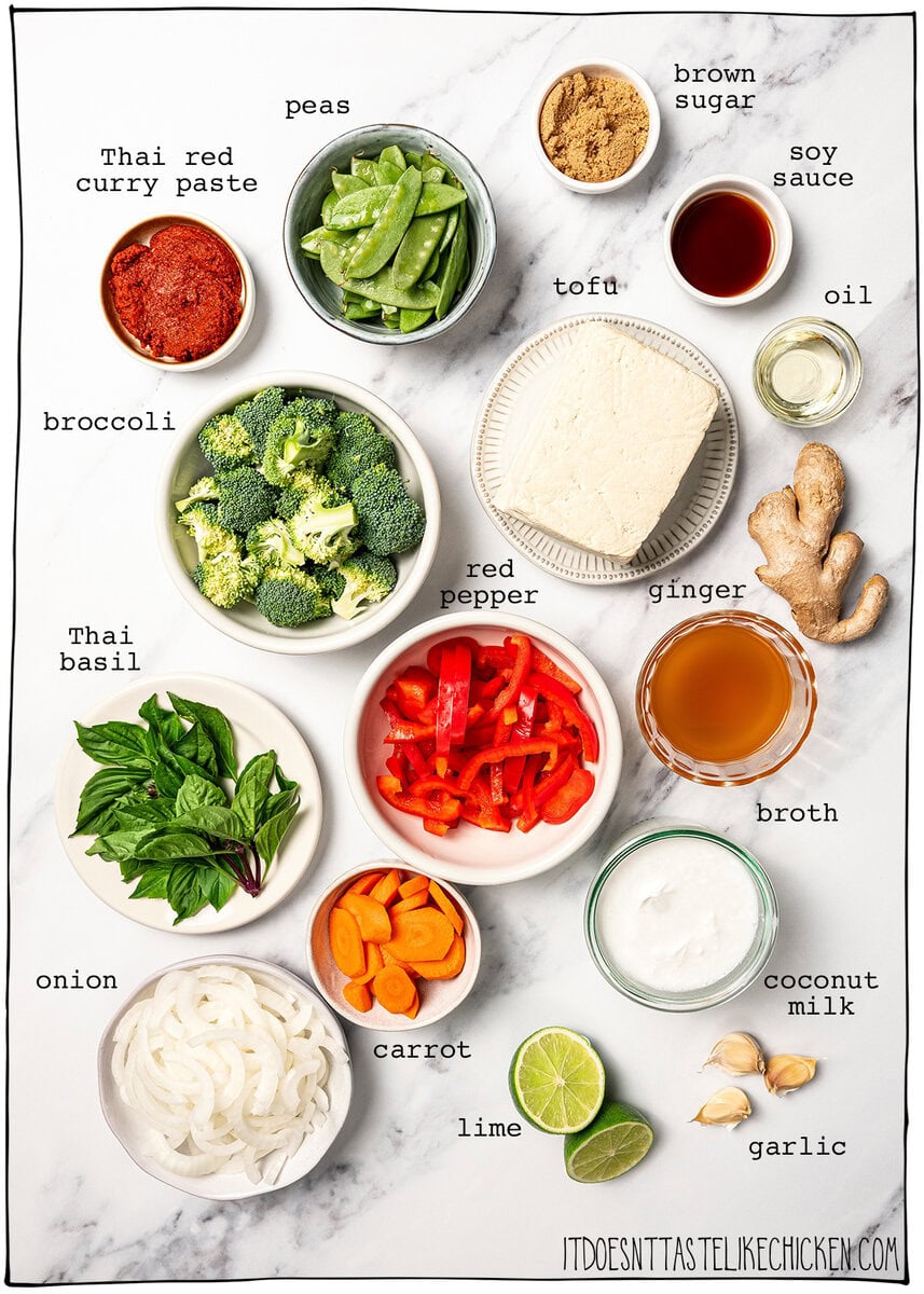 This easy vegan Thai red curry is creamy, cozy and packed with tender veggies and tofu in a rich coconut curry sauce. Perfect for busy days! Ingredients for vegan Thai red curry.