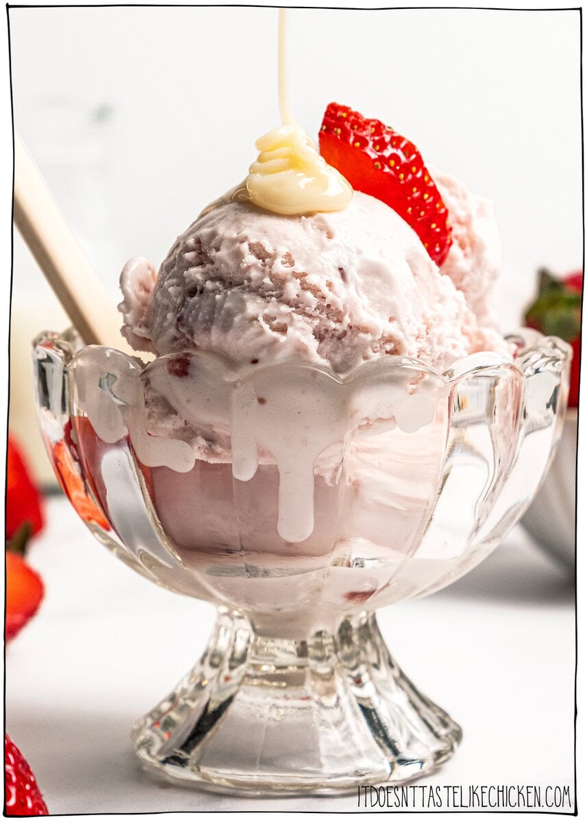 This easy vegan sweetened condensed milk is thick and creamy, perfect for using in dairy-free desserts and drinks. Just 2 ingredients! Vegan sweetened condensed milk being drizzled onto ice cream.