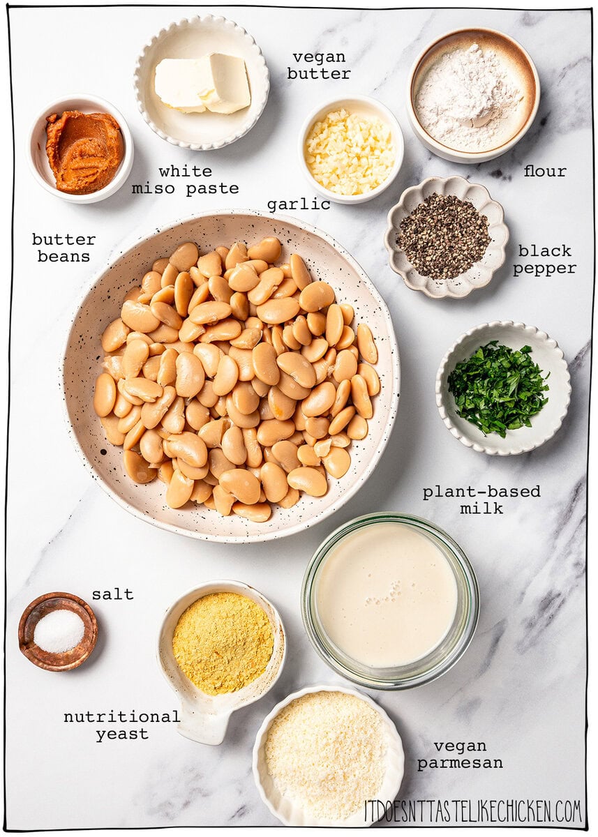 Cacio e pepe butter beans are creamy, peppery, and packed with buttery beans in a cheesy vegan sauce inspired by the classic Italian pasta! Ingredients for vegan cacio e pepe butter beans.