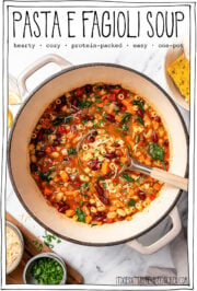 Ladle in pot of soup with text overlay that reads pasta e fagioli soup.