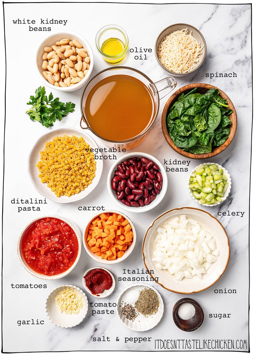 This vegan pasta e fagioli soup is hearty, cozy, and loaded with beans, pasta, and vegetables in a rich tomato broth. A budget-friendly meal! Ingredients for vegan pasta e fagioli soup.