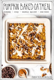 Baked oats with cream cheese glaze in dish with text overlay that reads pumpkin baked oatmeal.