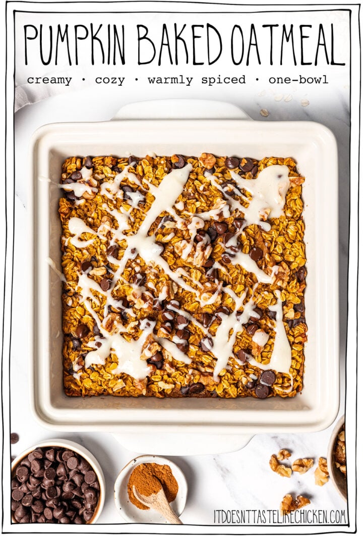 Baked oats with cream cheese glaze in dish with text overlay that reads pumpkin baked oatmeal.