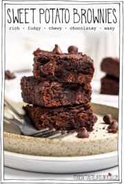 Stack of 3 brownies on plate with text overlay that reads sweet potato brownies.