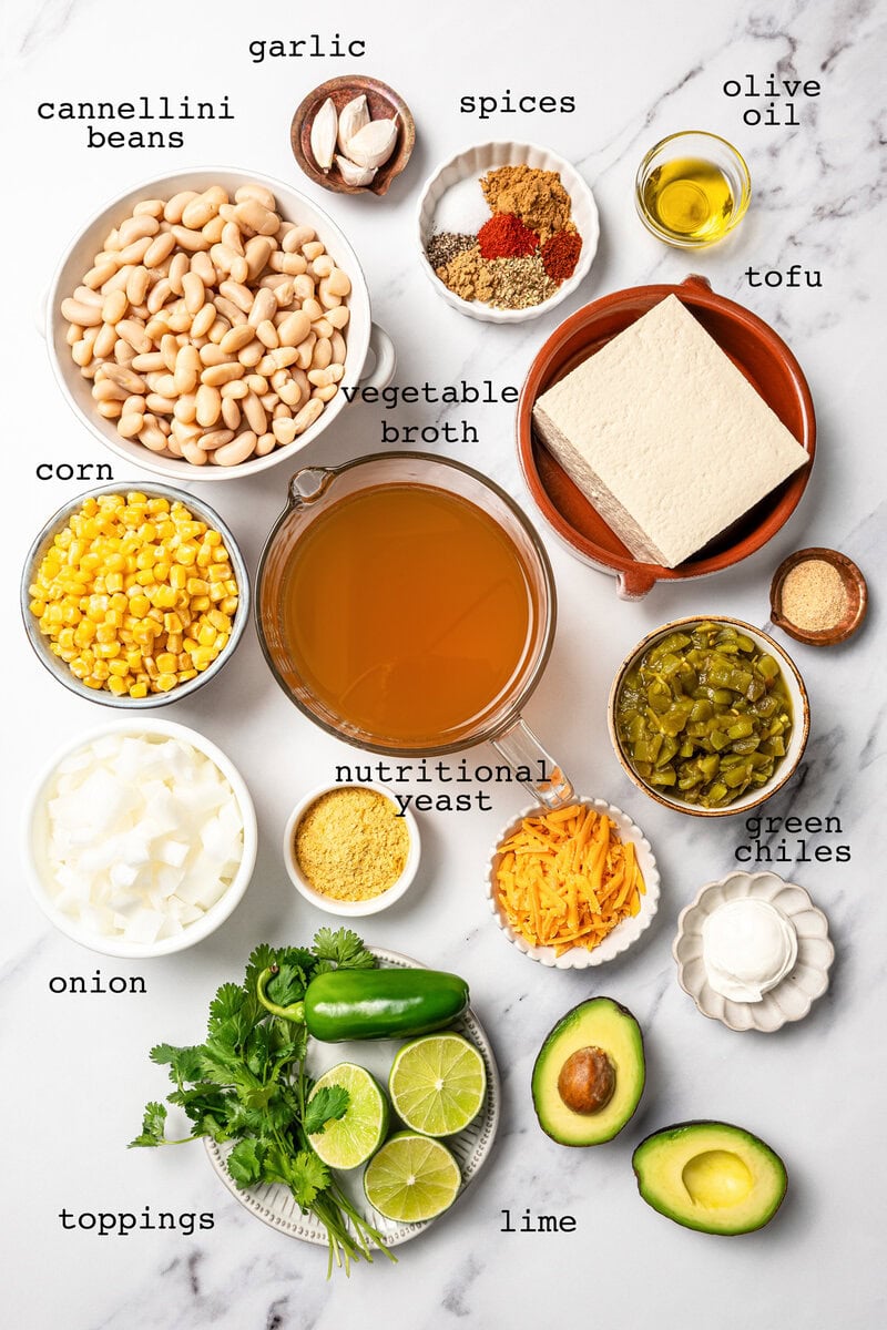 This easy Vegan White Bean Chili is creamy, hearty, and packed with cozy Southwestern-inspired flavors. Tofu adds a satisfying, meaty bite! Ingredients for vegan white bean chili.
