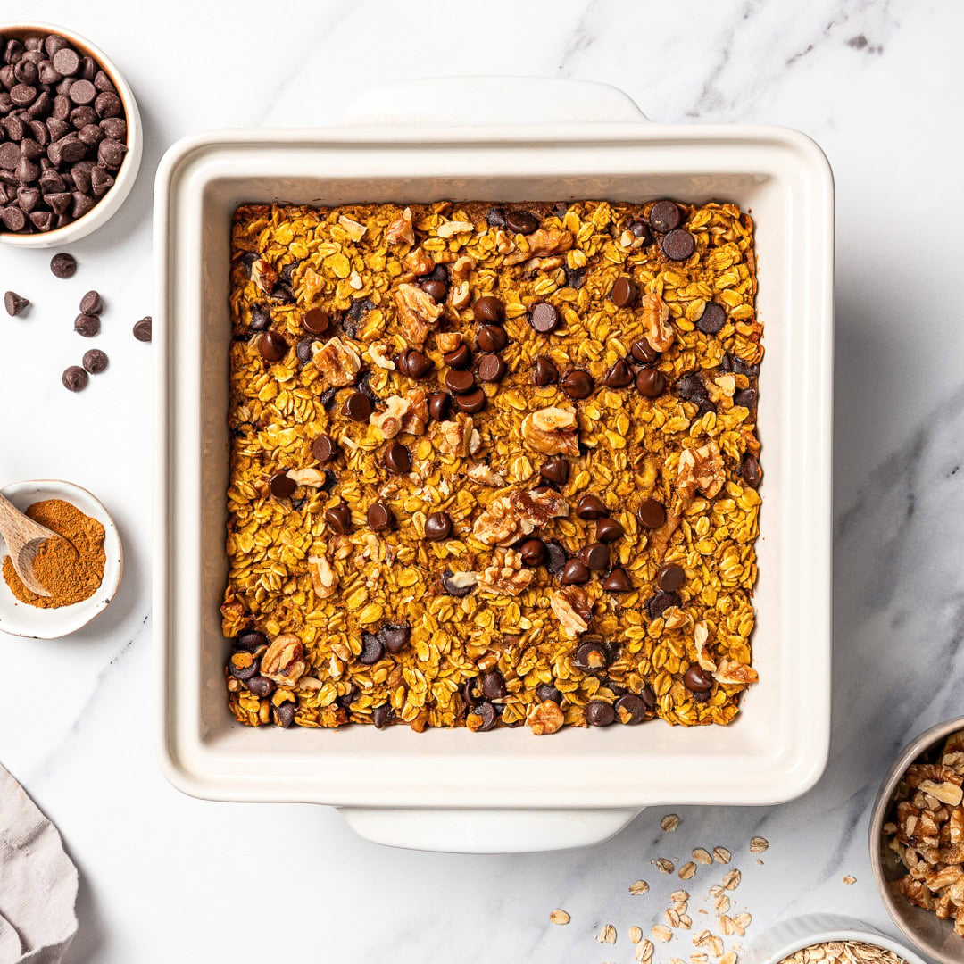 Chocolate chip pumpkin baked oatmeal in pan.