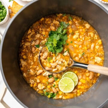 Ladle of vegan white bean chili in pot.